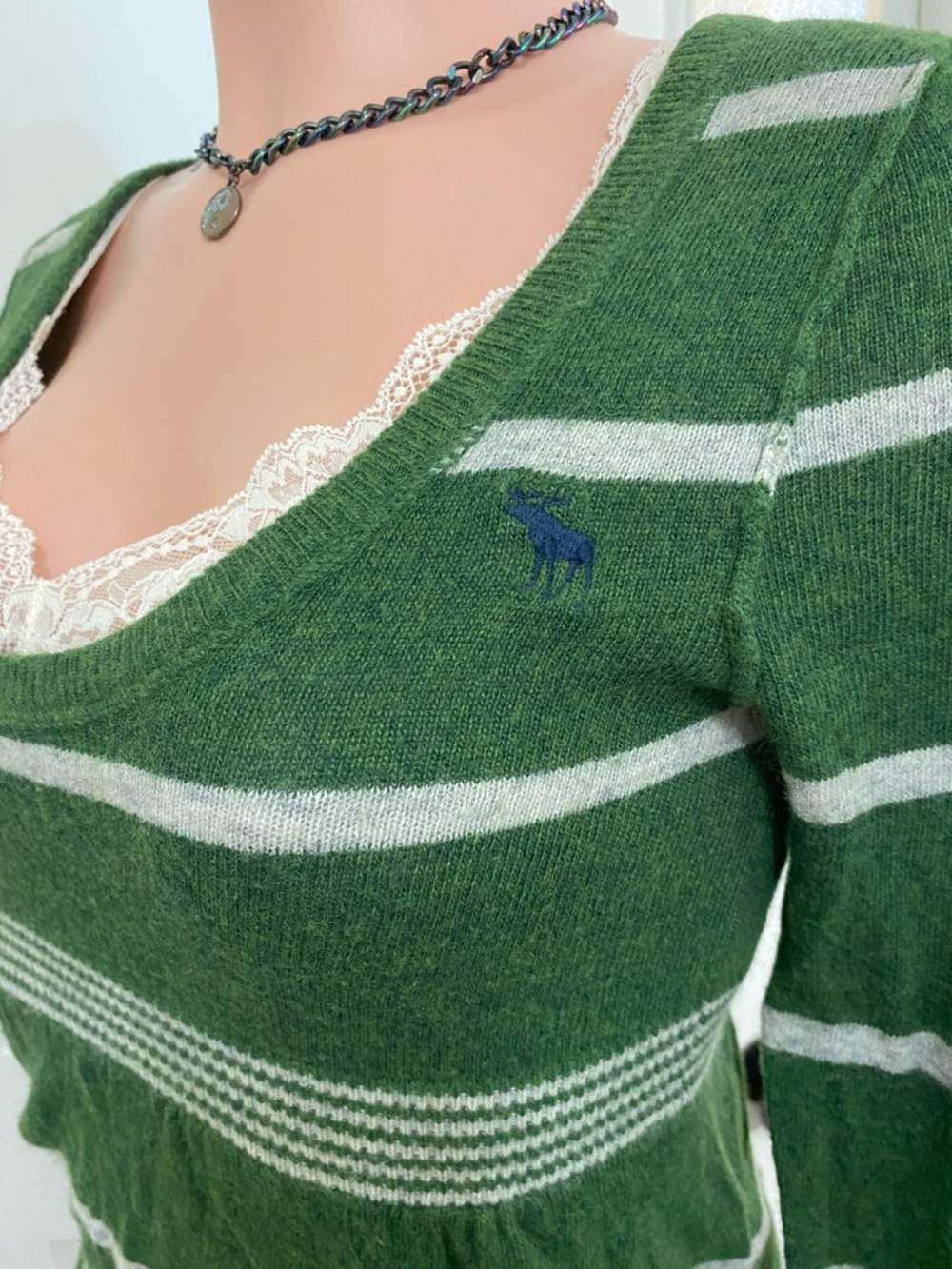 Y2k vintage Abercrombie green and white striped babydoll long sleeve sweater - Picture 7 of 15